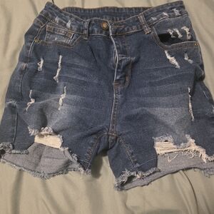 Distressed Denim Blue Shorts